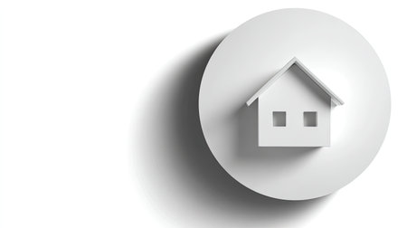 This image features a minimalist white house icon casting a shadow on a circular background. It represents real estate, design, and modern aesthetics.の素材