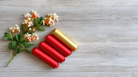 A visually appealing composition featuring decorative red and gold party favors alongside delicate flowers on a wooden table, perfect for celebrations.の素材