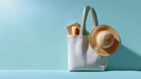 This image showcases a stylish summer tote bag paired with a straw hat and beach essentials, set against a serene light blue background, evoking relaxation.の素材