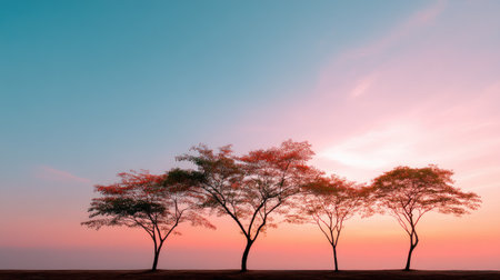 Captivating image of silhouetted trees against a vibrant sunset sky, showcasing soft pastel colors and a serene atmosphere in nature.の素材