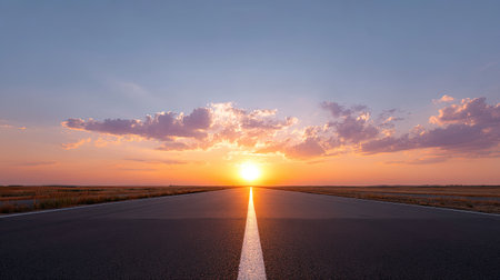 A stunning view of an open road stretching toward a vibrant sunset, where the sky displays colorful clouds and the sun slowly descends on the horizon.の素材