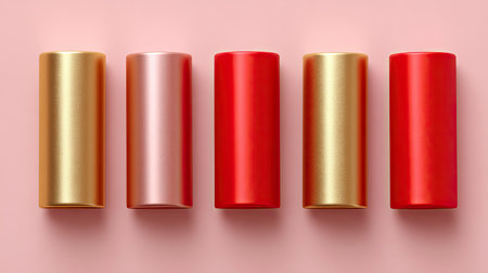 A striking arrangement of colorful cylindrical shapes with metallic finishes in a modern design, set against a soft pink background, ideal for creative projects.の素材