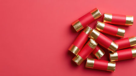 A collection of vibrant red and gold party props arranged on a bright background, perfect for festive celebrations and joyful occasions. Ideal for events.の素材