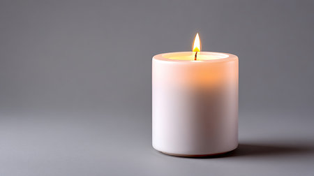 A simple white candle burns softly against a gray background, creating a serene atmosphere ideal for relaxation, meditation, and enhancing home decor.の素材