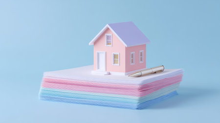 A playful representation of a house sitting on a vibrant stack of papers with a pen, illustrating themes of homeownership, real estate, and planning.の素材