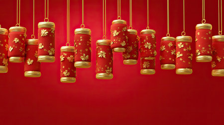 This image features a stunning array of elegant red lanterns adorned with intricate gold floral designs, suspended against a vibrant red backdrop. Perfect for celebrating festive occasions.の素材