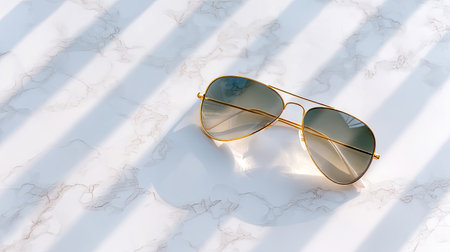 A stylish pair of sunglasses rests on a smooth marble surface, creating a visually appealing contrast with soft shadows and bright lighting, perfect for summer aesthetics.の素材