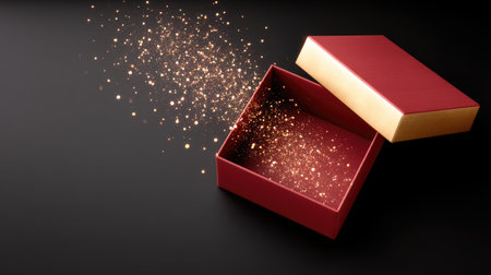 An enchanting gift box opens to reveal a cascade of shimmering particles, perfect for representing surprise, celebration, and festive joy. Ideal for special occasions.の素材