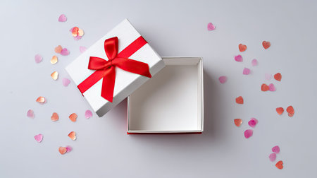 An open gift box with a vibrant red ribbon rests on a light surface, surrounded by whimsical heart-shaped confetti, perfect for celebrations of love.の素材