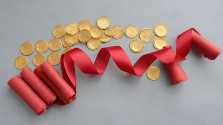 A vibrant arrangement featuring decorative red ribbon intertwined with shiny gold coins on a soft gray surface, perfect for festive occasions and celebrations.の素材