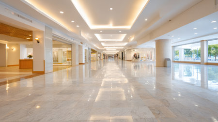 Spacious interior of a modern shopping mall features an empty corridor with polished marble flooring and bright, inviting lighting, showcasing elegance.の素材