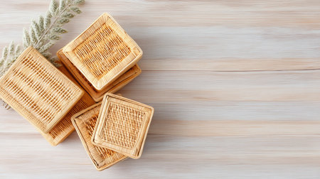 A serene arrangement of natural woven bamboo storage baskets on a light wooden surface, accented with dried leaves. Perfect for home organization and decor.の素材