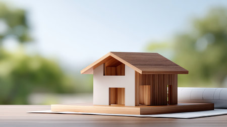 This image features a beautifully crafted wooden house model placed on a sheet of architectural blueprint. The bright outdoor setting enhances the creativity and detail of the design. Perfect for architecture and construction themes.の素材
