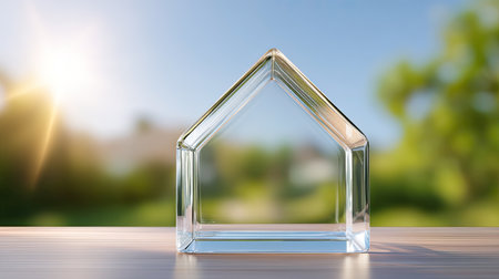 A stunning glass house model sits elegantly on a wooden table, illuminated by soft sunlight, set against a blurred natural background, embodying modern elegance.の素材