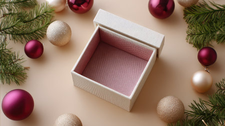 An elegant empty gift box with a pink interior sits amidst colorful Christmas ornaments and lush greenery, perfect for holiday celebrations.の素材