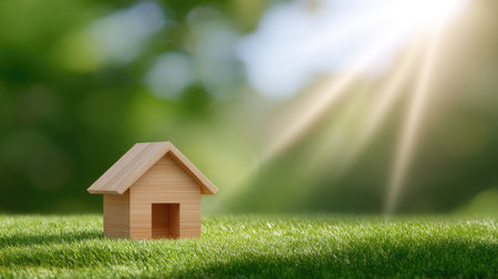 A charming wooden toy house sits on lush green grass, illuminated by gentle sunlight. This image evokes feelings of tranquility, peace, and a connection to nature.の素材