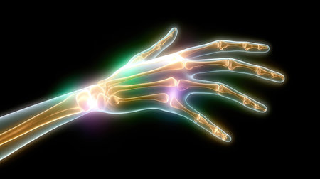 This striking image features a glowing skeleton hand with detailed bones highlighted by vibrant colors against a dark background, perfect for educational and creative projects.の素材