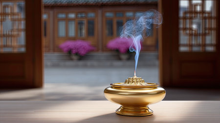 A stunning golden incense burner gracefully releases wisps of smoke, set against a tranquil traditional background adorned with vibrant flowers, creating a calming ambiance.の素材