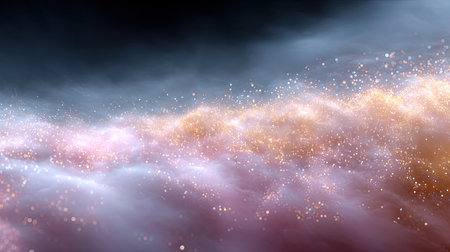 This captivating abstract cosmic background features colorful particles and soft nebula clouds floating in space, creating a mesmerizing and dreamy atmosphere.の素材