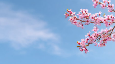 A stunning cherry blossom branch adorned with delicate pink flowers stands against a clear blue sky, embodying the essence of springtime beauty and tranquility.の素材