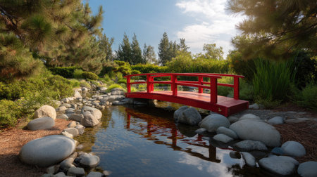 A serene Japanese garden scene featuring a vibrant red bridge arching over a calm waterway, surrounded by smooth stones and lush greenery under a clear sky.の素材
