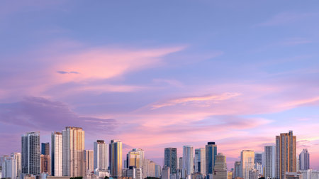 A stunning view of a city skyline at sunset, featuring tall buildings and a blend of soft pastel clouds, showcasing urban architecture in a tranquil scene.の素材