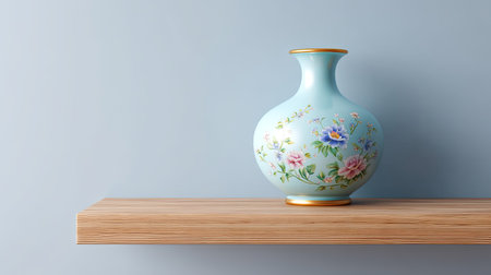 This image features an elegant ceramic vase adorned with a floral design, gracefully placed on a wooden shelf against a light blue wall, perfect for home decor.の素材