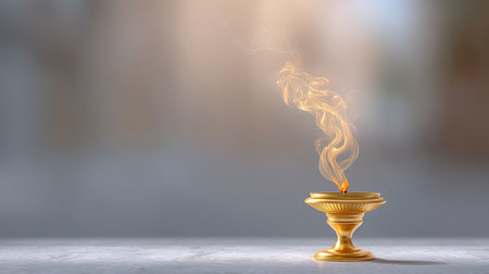 This stunning image showcases an elegant gold incense holder creating a serene atmosphere as aromatic smoke gently rises, perfect for relaxation and meditation.の素材