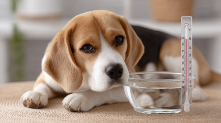 A charming beagle dog rests comfortably near a water bowl featuring a thermometer, capturing a serene moment in a cozy home setting.の素材