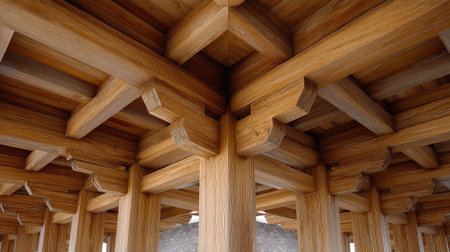 This image showcases a detailed view of intricate wooden beams in a modern architectural space, highlighting the natural materials and craftsmanship.の素材