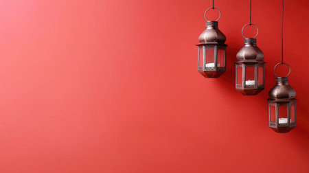 Three elegant hanging lanterns on a vibrant red background create a warm and inviting atmosphere. Perfect for festive celebrations or home decor themes.の素材