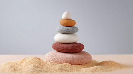 A serene composition featuring a stack of smooth, colored stones topped with an egg, resting on fine sand, set against a soft gray background.の素材