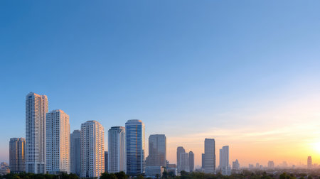 A breathtaking view of a serene urban skyline at sunrise, showcasing modern buildings against a clear blue sky, perfect for travel and lifestyle themes.の素材