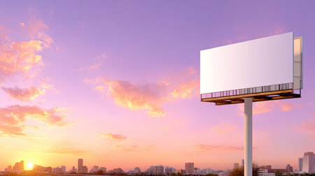 A striking scene featuring a blank billboard set against a breathtaking sunset over a city skyline. The sky is adorned with vibrant orange and purple hues, creating a tranquil urban atmosphere. Perfect for advertising concepts or cityscape visuals.の素材