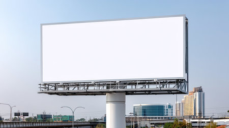 A large empty billboard stands prominently against a clear blue sky, showcasing an urban landscape in the background. The absence of text creates an inviting space for future advertisements, embodying the essence of advertising potential in a bustling city setting.の素材