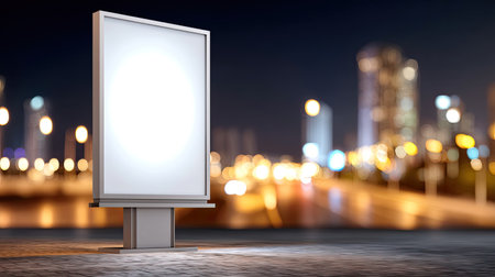 This mockup features an empty billboard positioned on a city street at night, surrounded by vibrant lights, perfect for advertising or promotional designs.の素材