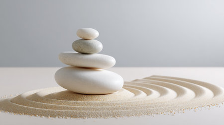 A serene composition of smooth white stones arranged harmoniously on fine sand, creating a tranquil vibe ideal for mindfulness, meditation, or relaxation spaces.の素材