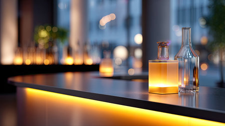 A stylish bar counter showcases illuminated drinks in elegant glassware, creating a warm and inviting atmosphere in a modern urban setting during the night.の素材