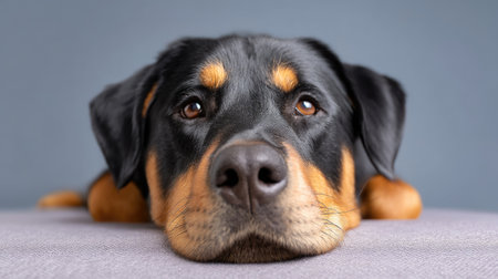 This captivating close-up portrait features a gentle Rottweiler dog lying down, showcasing its expressive face and soulful eyes, perfect for pet lovers.の素材