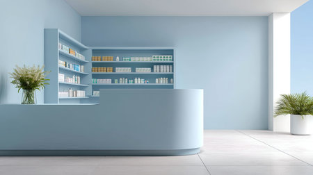 A modern pharmacy interior featuring a stylish reception counter and organized shelves filled with various health products. The pastel blue walls create a calming ambiance, complemented by floral arrangements and greenery. Ideal for wellness themes.の素材