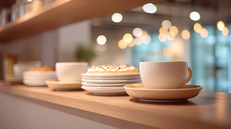 A charming cafe scene featuring a white coffee cup and an array of delectable pastries displayed on wooden shelves, bathed in warm ambient light.の素材