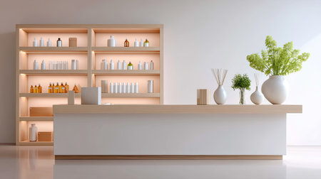 A serene and modern reception area showcasing a minimalist design with elegant shelving, decorative plants, and organized product displays.の素材