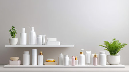 Display features an elegant and minimalist arrangement of various skincare and beauty products on white shelves. The clean aesthetic highlights tranquility and organization, perfect for a modern bathroom or beauty space.の素材