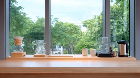 Bright coffee corner showcasing a wooden table adorned with glassware and a kettle. Natural light filters through the window, highlighting lush greenery outside.の素材