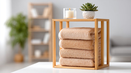 Discover a tranquil bathroom setup featuring soft beige towels, a stylish green plant, and a soothing candle, all arranged for a cozy and inviting ambiance.の素材