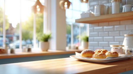 A charming bakery scene featuring freshly baked pastries on a rustic wooden counter, illuminated by warm sunlight. Perfect for food and lifestyle imagery.の素材