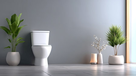 A serene and modern bathroom interior showcasing a stylish toilet surrounded by elegant plants and minimalistic decor against a gray wall.の素材