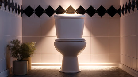 A captivating modern bathroom features a sleek toilet illuminated by soft lighting. Stylish decorations and a potted plant enhance the serene atmosphere.の素材