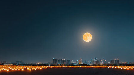 A stunning view of a bright full moon illuminating a city skyline while surrounded by glowing lanterns, creating a serene and enchanting night atmosphere.の素材