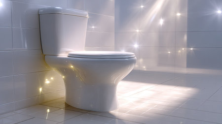 A gleaming white toilet positioned in a brightly lit modern bathroom, highlighting the pristine tiles and soft shine effects in the serene space.の素材